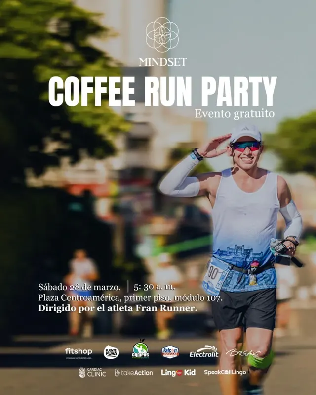 Póster del Coffee Run Party del 28 de marzo: un corredor saludando a cámara